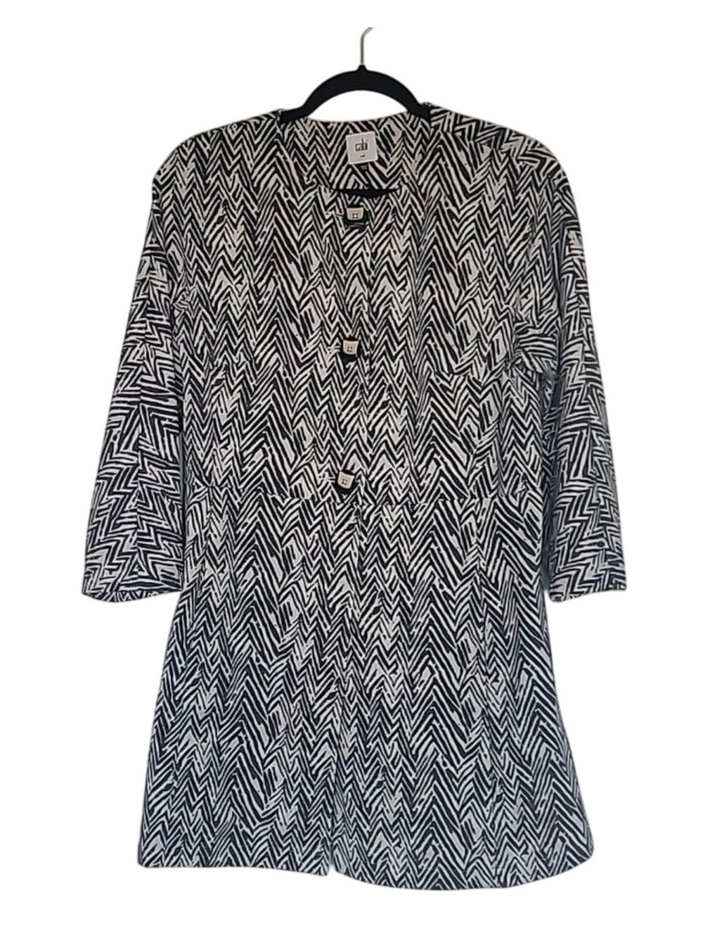 CAbi #3034 Grey White Zig Zag Chevron Ponte Knit Longline Duster Jacket Coat